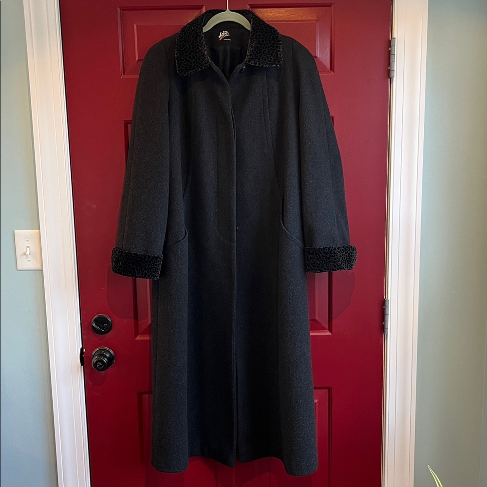 Vintage Charcoal JAD Overcoat with Animal Print Collar